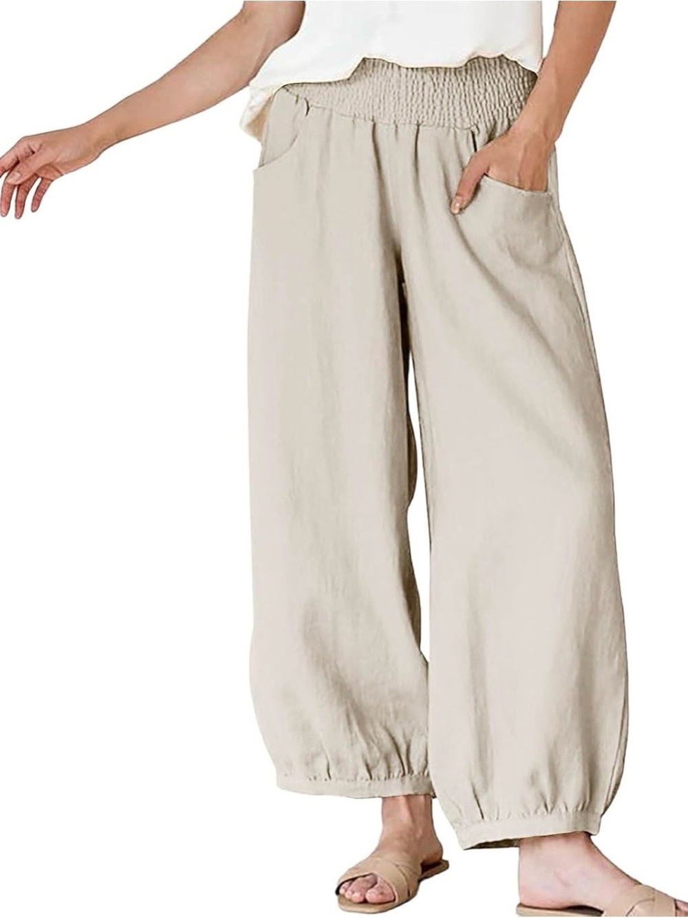 Wide-Leg Smocked Waist Trousers in Light Beige